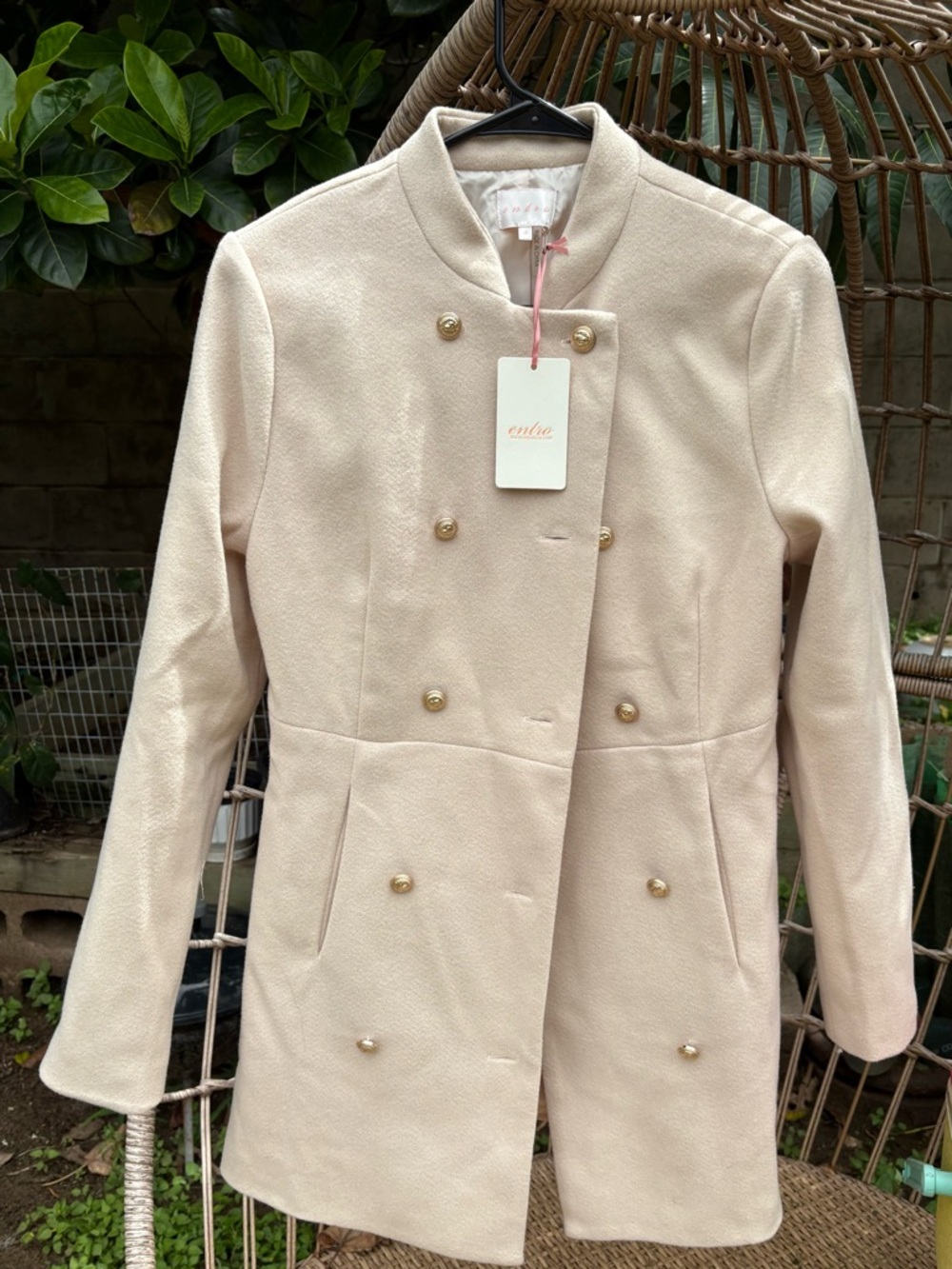 entro Cream Double-Breasted Trench Coat with Gold Buttons